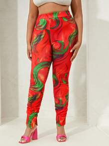 SHEIN SXY Plus Allover Print Ruched Split Hem Leggings - Red - View 4