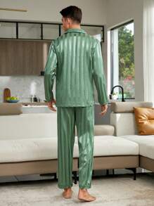 男士條紋鬆緊睡衣套裝,帶翻領 - 綠色 - 查看 2