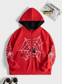 Flirla Plus Size Spider Web Print Zip Up Sweatshirt - Red - View 1