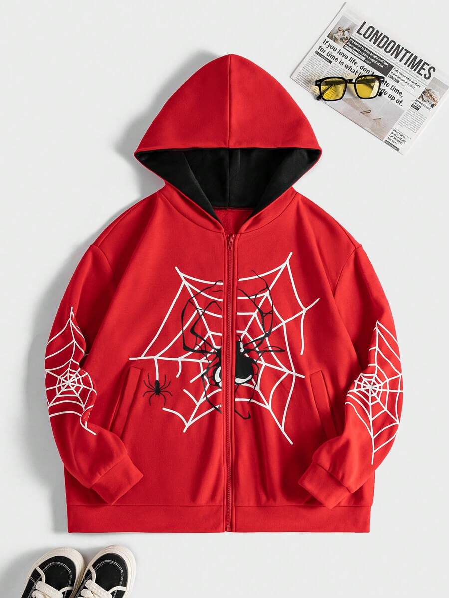 Flirla Plus Size Spider Web Print Zip Up Sweatshirt - Red - View 1