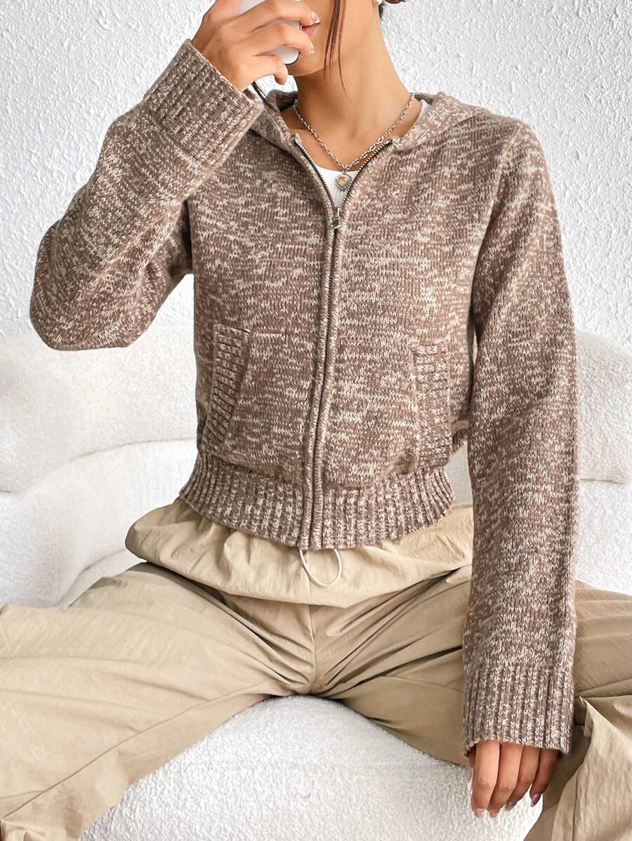 SHEIN EZwear Marled Knit Drop Shoulder Hooded Cardigan - Coffee Brown - View 1