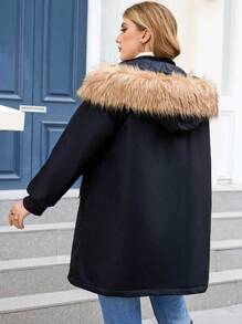 Calvaya 大码字母拼接毛绒装饰连帽加厚棉服外套冬季 - 黑色 - 查看 5