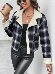 Chiquease Plaid Print Zip Up Thermal Lined Jacket Fall Cloth For Women - Black and White - View 3