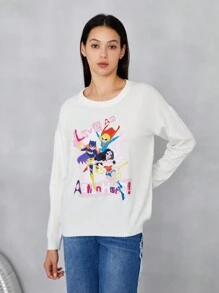 JUSTICE LEAGUE X SHEIN Cartoon & Letter Pattern Drop Shoulder Sweater - Putih - View 2