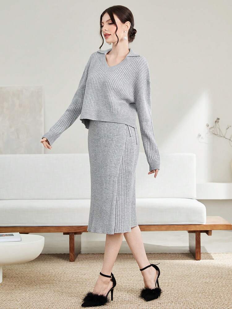 Women'S Turn Down Collar Drop Shoulder Sweater And Knitted Skirt Set 2 Piece Set