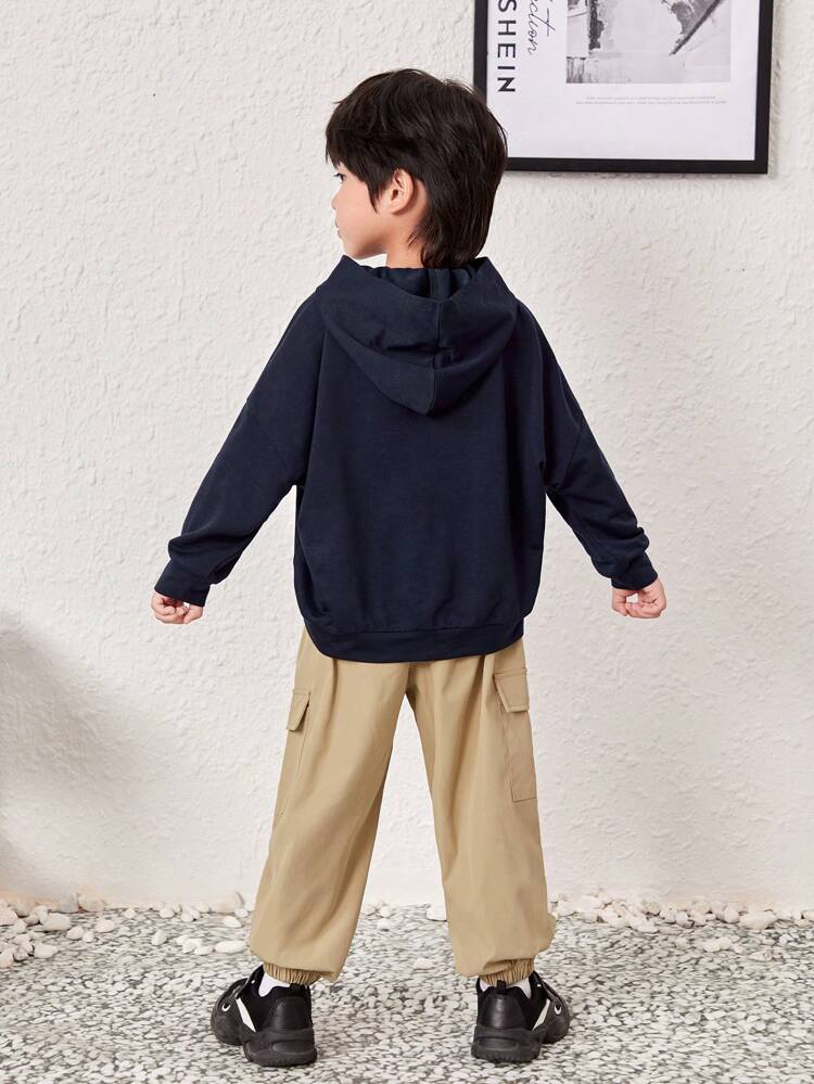 Young Boy Letter Graphic Hoodie With Tie & Flap Pocket Pants