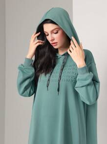 Mulvari Letter Embossed Drop Shoulder Drawstring Hooded Sweatshirt Dress,Long Sleeve Tops - Mint Green - View 5