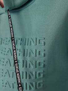 Mulvari Letter Embossed Drop Shoulder Drawstring Hooded Sweatshirt Dress,Long Sleeve Tops - Mint Green - View 6