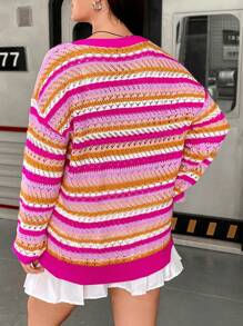 Flirla Plus Striped Pattern Pointelle Knit Drop Shoulder Sweater Knit Pullover Fall Winter Outfit