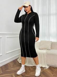 SHEIN EZwear Plus Top-stitching Zip Up Hooded Bodycon Dress - Black - View 5