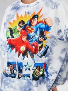 JUSTICE LEAGUE X SHEIN 1入組紮染字母和卡通圖案落肩袖假兩入組T恤 - 彩色 - 查看 8