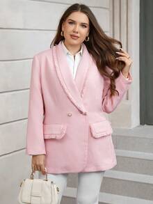 SHEIN Clasi Plus Shawl Collar Double Button Blazer - Pink - View 6