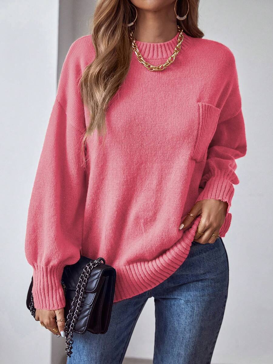 SHEIN LUNE Chất rắn Thả vai Vá Túi Áo len - Màu Hồng Tươi - Xem 1