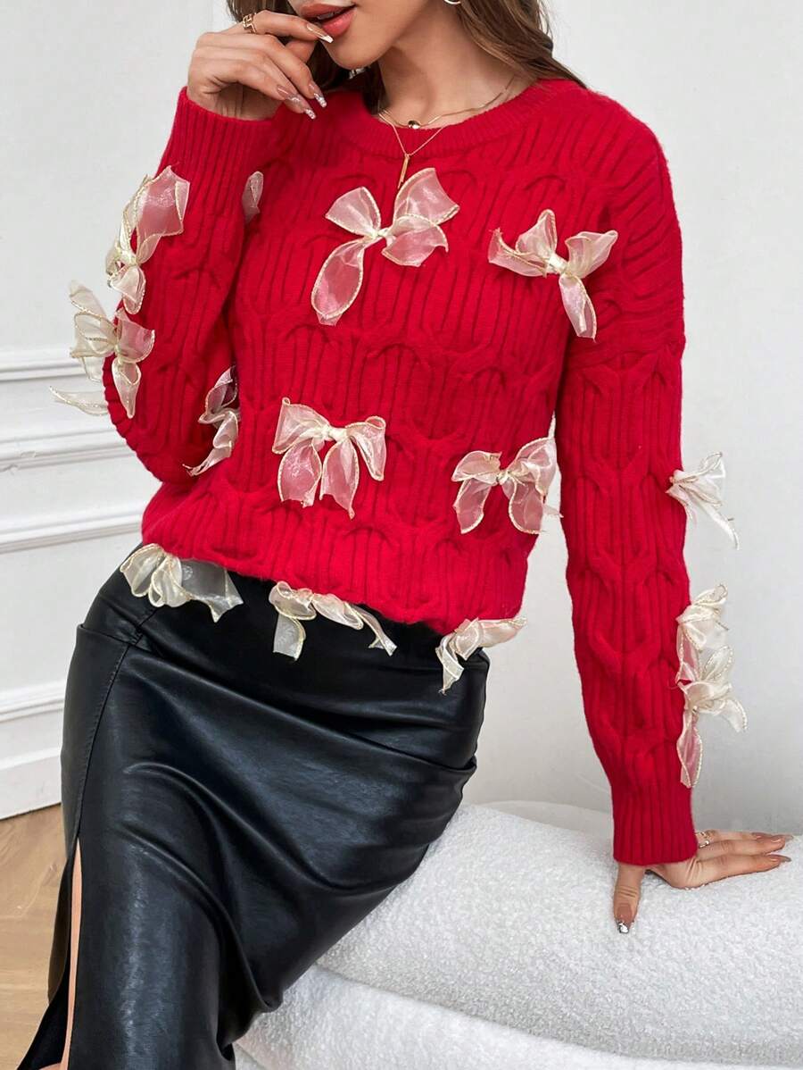 SHEIN Privé Jersey con lazo delantero de hombros caídos tejido de cable