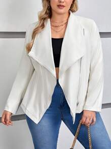 SHEIN LUNE Plus Waterfall Collar Zip Up PU Leather Moto Jacket - White - View 1