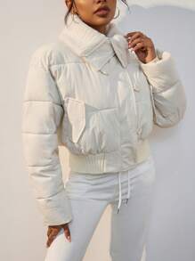 SHEIN EZwear Áo khoác đệm ngắn cổ khóa kéo màu trơn cho nữ, quần áo mùa đông - trắng - Xem 6