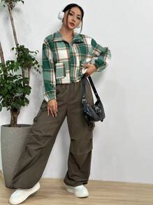 SHEIN Unity 格紋印花落肩袖夾克 - 綠色 - 查看 5