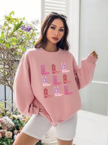 SHEIN EZwear 極簡休閒女士運動衫，印有靴子圖案，休閒合身設計，圓領，長袖 - 淺粉色 - 查看 3