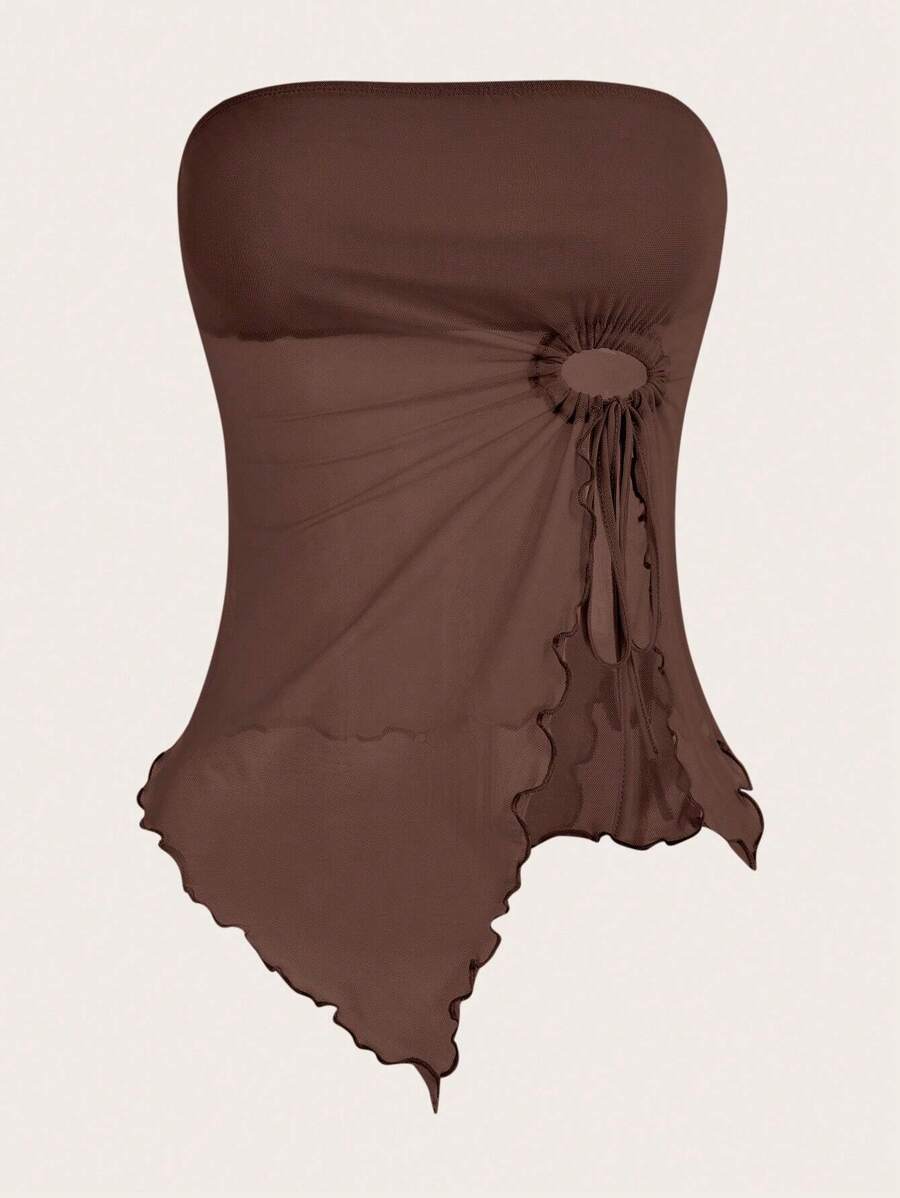 SHEIN ICON لباس علوي بأنبوب شبكي لون قهوة بحاشية غير متماثلة برباط