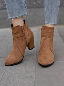 Suedette Buckle Decor Zip Side Classic Boots - Brown - View 3