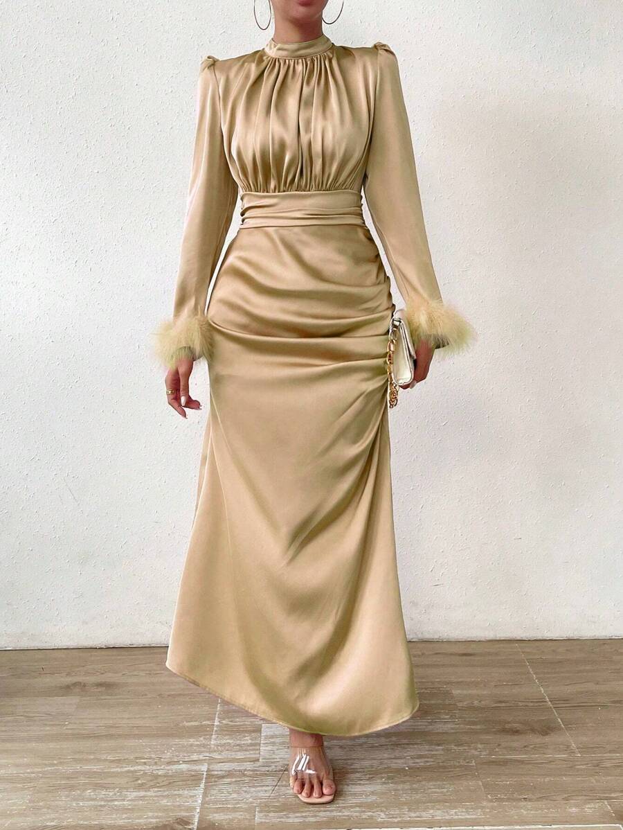 Chiquease Fuzzy Cuff Ruched Bust Dress Maxi Women Outfit - Apricot - View 1