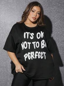 SHEIN SXY Women'S Plus Size Sparkly Sequin 'It'S OK Not To Be Perfect' Slogan Design T-Shirt New Years Top Club Outfits