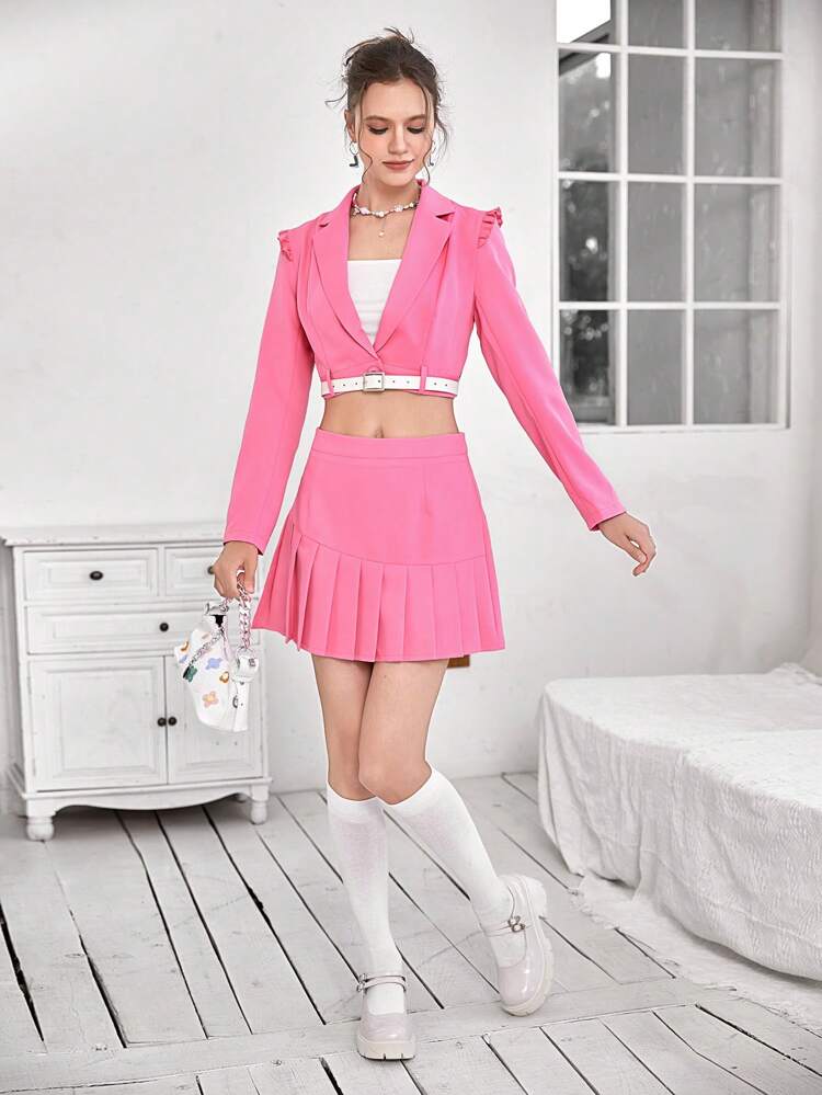 Solid Crop Blazer & Pleated Hem Skirt Without Belt