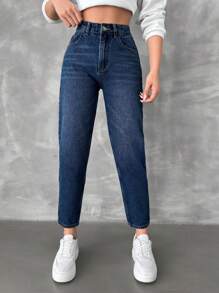 EURMUSE High Waist Mom Fit Jeans - Dark Wash - View 1