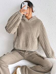 SHEIN EZwear Drop Shoulder Fleece Hoodie - Khaki - View 4