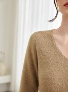 Modelyn Solid Fitted Sweater Dress Without Belt - Apricot - View 6