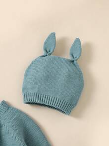 Bebé niña ribete con fruncido de manga raglán con botón delantero Mono suéter & Sombrero - Verde - Ver 4