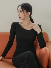 DAZY Top unicolor de cuello scoop térmico - Negro - Ver 1