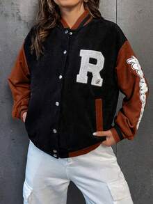 SHEIN Unity 字母貼布條紋飾邊落肩袖燈芯絨學院風夾克 - 棕色 - 查看 4