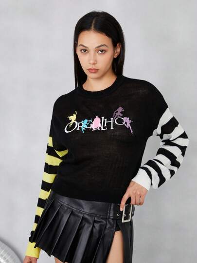 JUSTICE LEAGUE X SHEIN Striped Color Block Drop Shoulder Sweater With Character & Letter Pattern