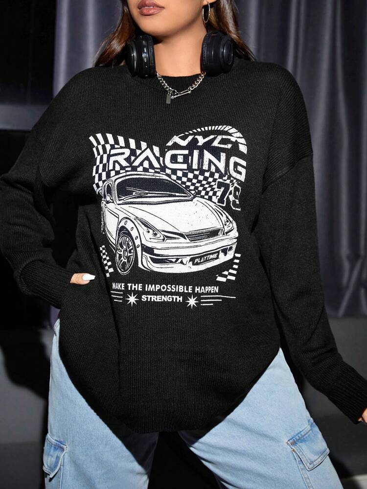 Plus Car & Slogan Graphic Drop Shoulder Sweater