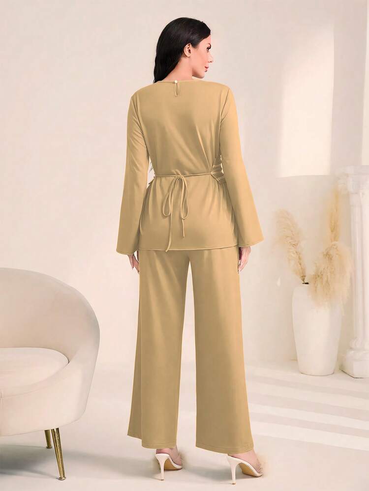 Flounce Sleeve Peplum Waistband Blouse & Wide Leg Pants