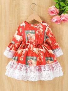 女嬰人像圖案蕾絲拼接喇叭袖荷葉邊洋裝適用於聖誕 - 紅色 - 查看 2