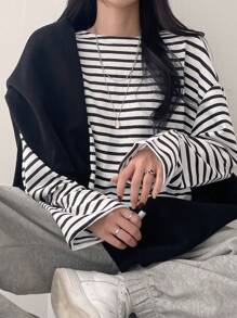 DAZY 1 件条纹落肩超大 T 恤，秋季服装，返校服装长袖女式上衣 - 白色 - 查看 9