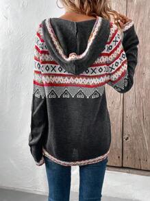 SHEIN LUNE Hooded Sweater With Geometric Pattern And Front Tie - Multicolor - View 2