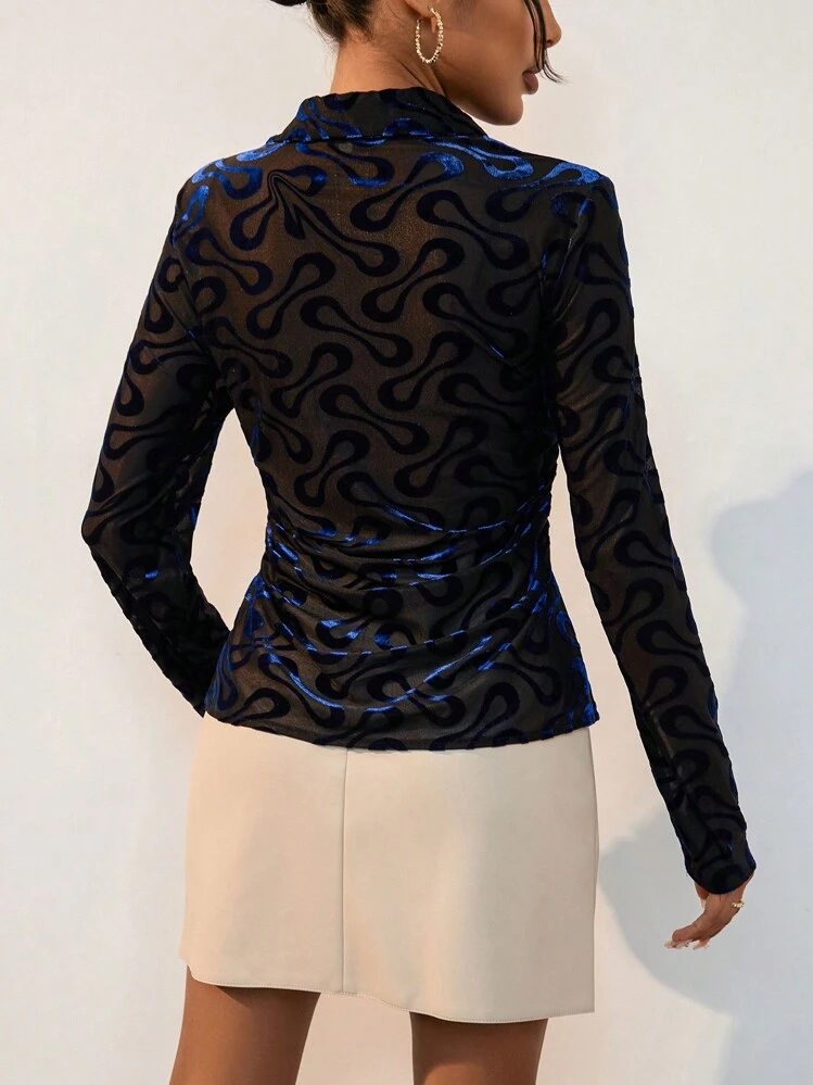 Aveloria Modichic 全身印花纽扣前襟衬衫优雅商务休闲女士纽扣衬衫，长袖上衣 - 藍色 - 查看 2