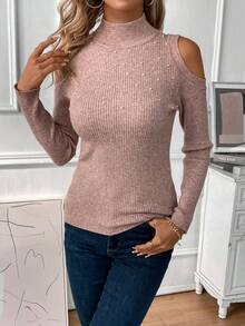 SHEIN Clasi Cold Shoulder Pearls Beaded Ribbed Knit Sweater - Dusty Pink - View 6