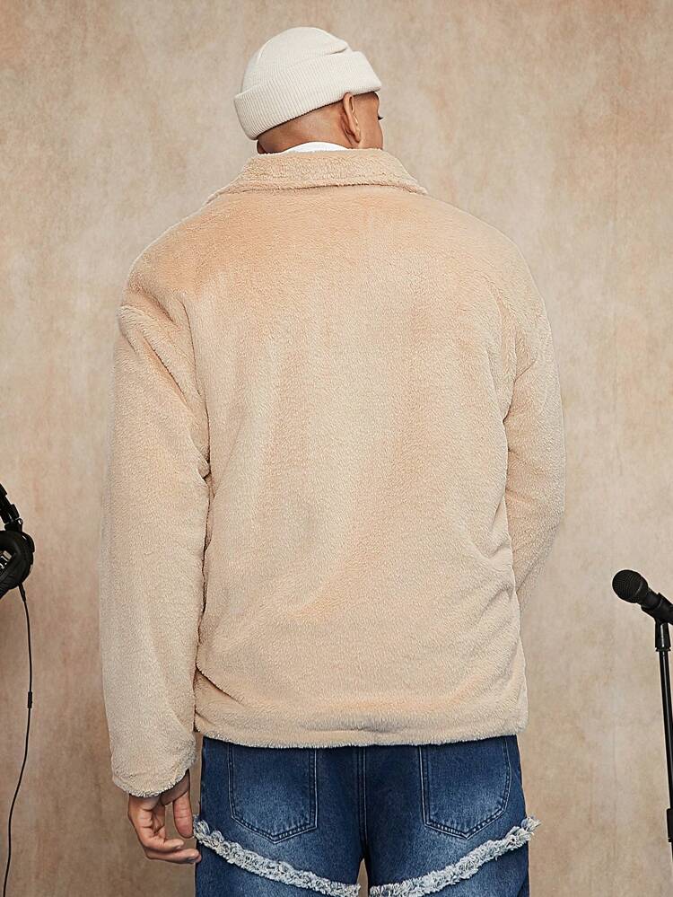 Loose Fit Men's Slant Pocket Drop Shoulder Teddy Jacket