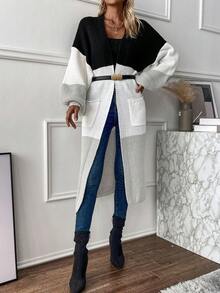 SHEIN LUNE Áo khoác cardigan dáng dài hai túi màu khối - Nhiều màu - Xem 3