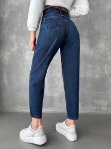 EURMUSE High Waist Mom Fit Jeans - Dark Wash - View 2