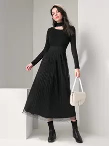 Seusyu 素色前鏤空網紗覆蓋洋裝 - 黑色 - 查看 3