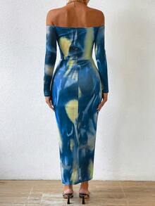 Chiquease Tie Dye Off Shoulder Ruched Split Thigh Dress - Dark Wash - View 2