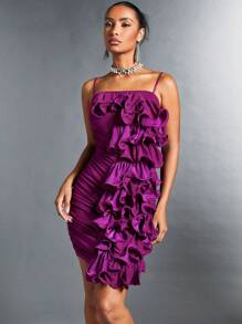SHEIN BAE Exaggerated Ruffle Trim Ruched Slip Dress Ruffle Dress - Purple - View 5