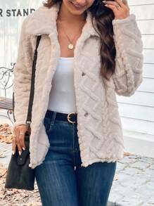 SHEIN LUNE Chất rắn Nút phía trước Áo khoác Teddy - Màu be - Xem 5