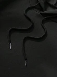 SHEIN EZwear 加大码花卉字母图案抽绳保暖内衬卫衣 - 黑色 - 查看 5