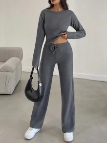 EURMUSE Solid Drop Shoulder Tee & Trousers - Dark Grey - View 3